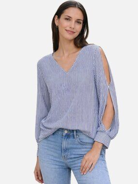 Banana Republic Blue White Striped Open Sleeve V Neck Blouse Women's Medium